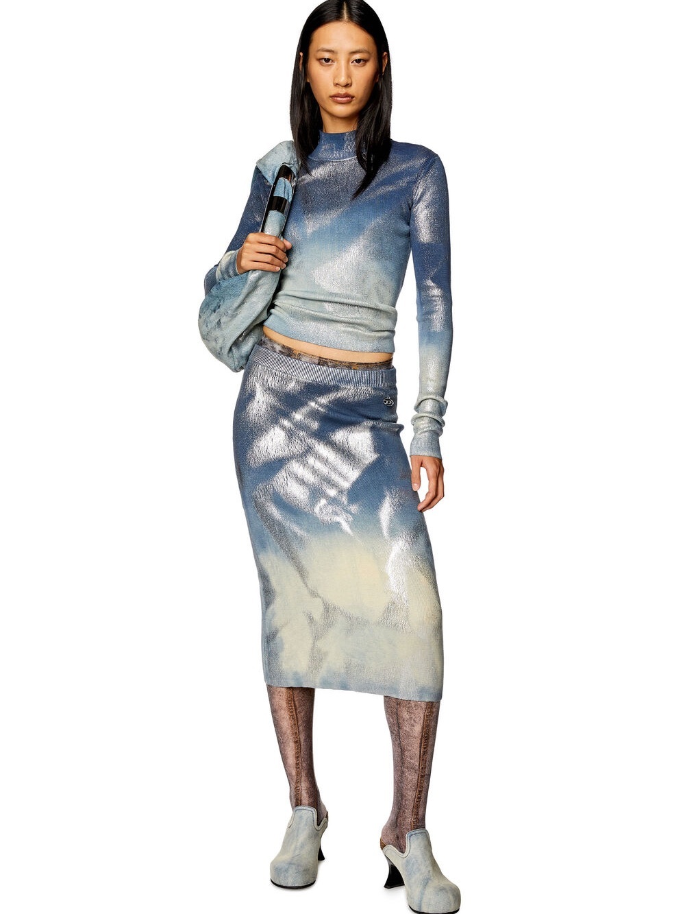 Diesel M-ILAN Metallic Blue Knit Midi Skirt
